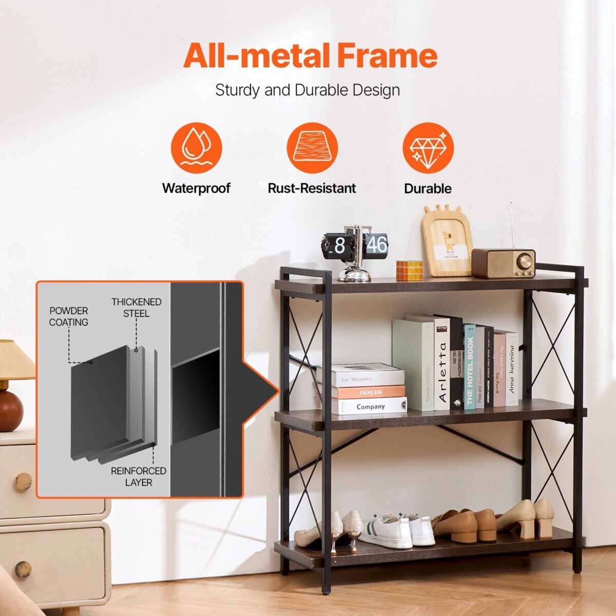 VEVOR C240729W-02 Metal Bookshelf Rustic Bookshelf 3-Tier - Image 10
