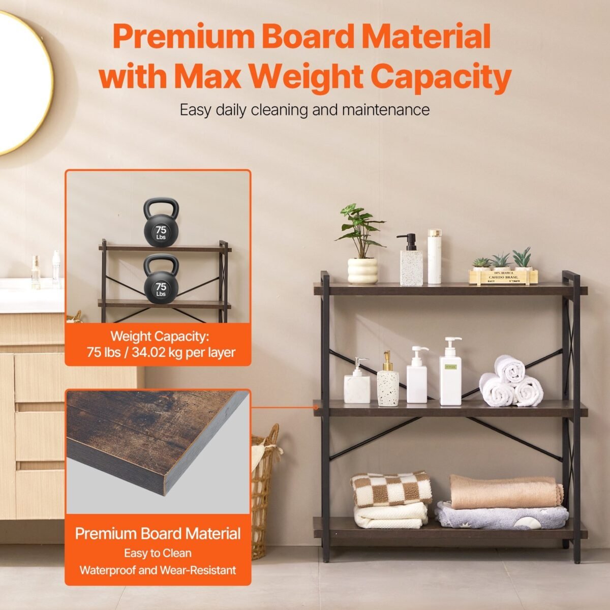 VEVOR C240729W-02 Metal Bookshelf Rustic Bookshelf 3-Tier - Image 9