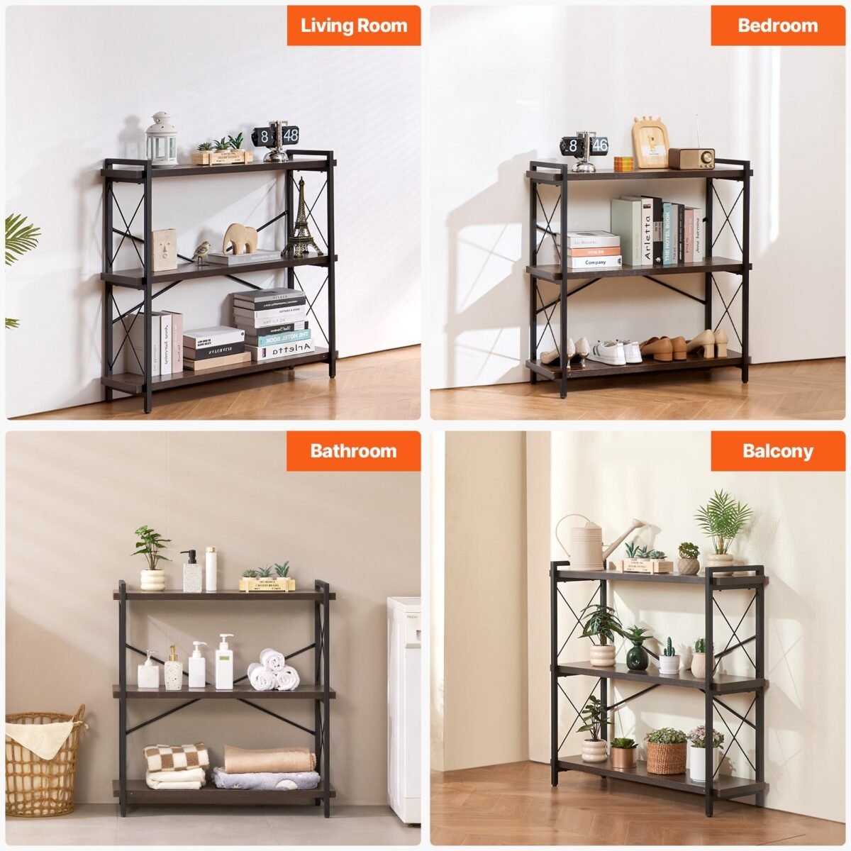VEVOR C240729W-02 Metal Bookshelf Rustic Bookshelf 3-Tier - Image 7