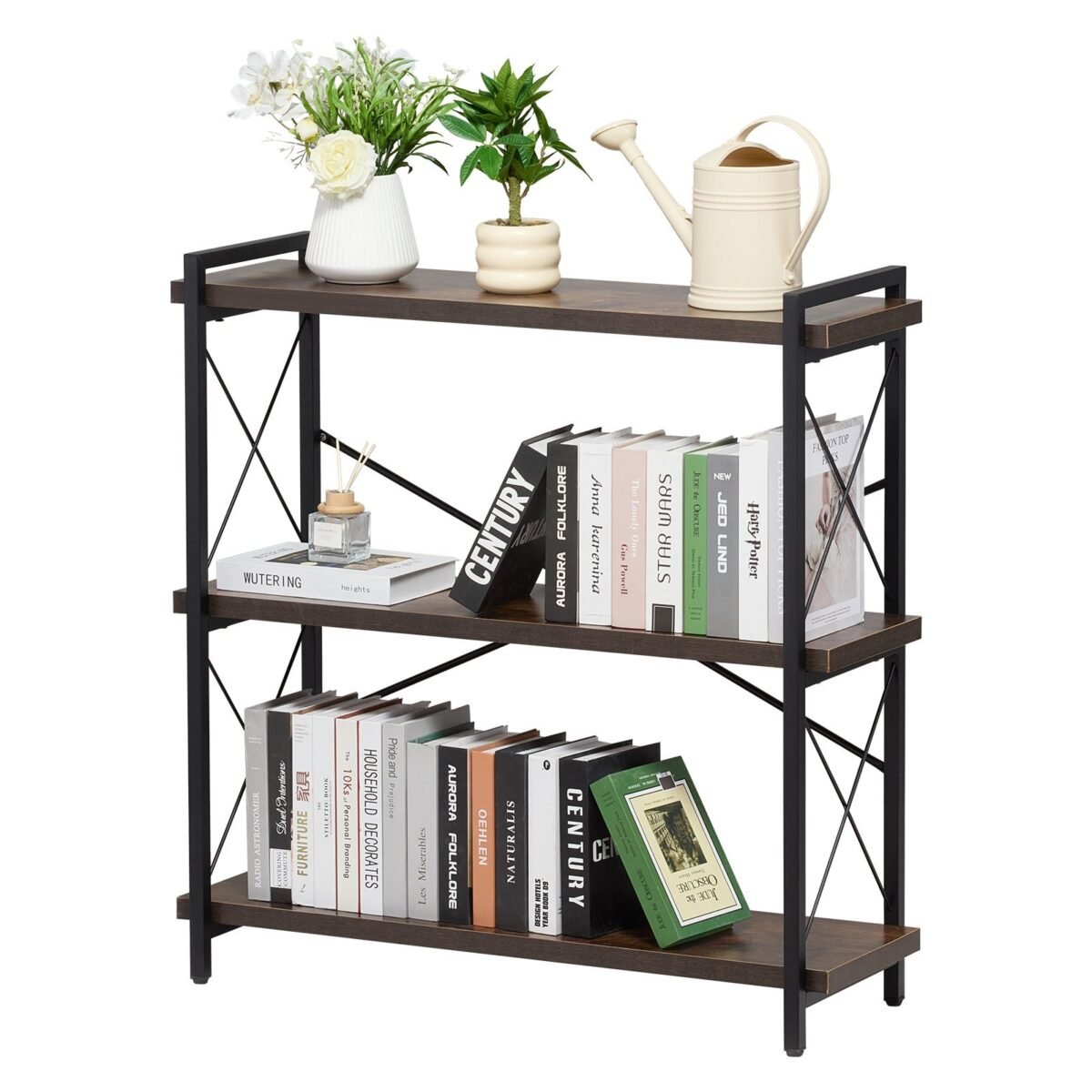 VEVOR C240729W-02 Metal Bookshelf Rustic Bookshelf 3-Tier - Image 2