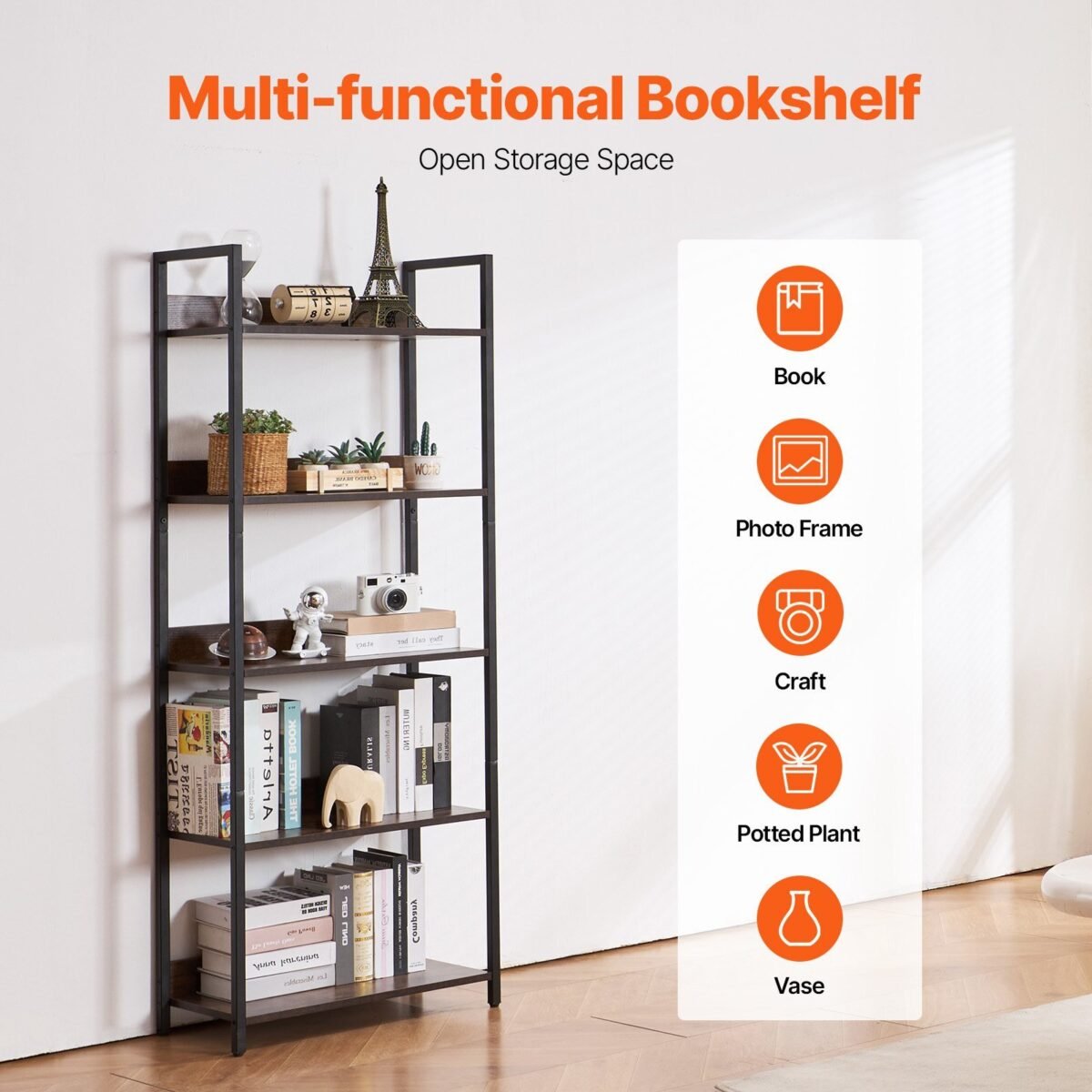 VEVOR C240729W-03 Metal Bookshelf Open Bookshelf 5-Tier - Image 11