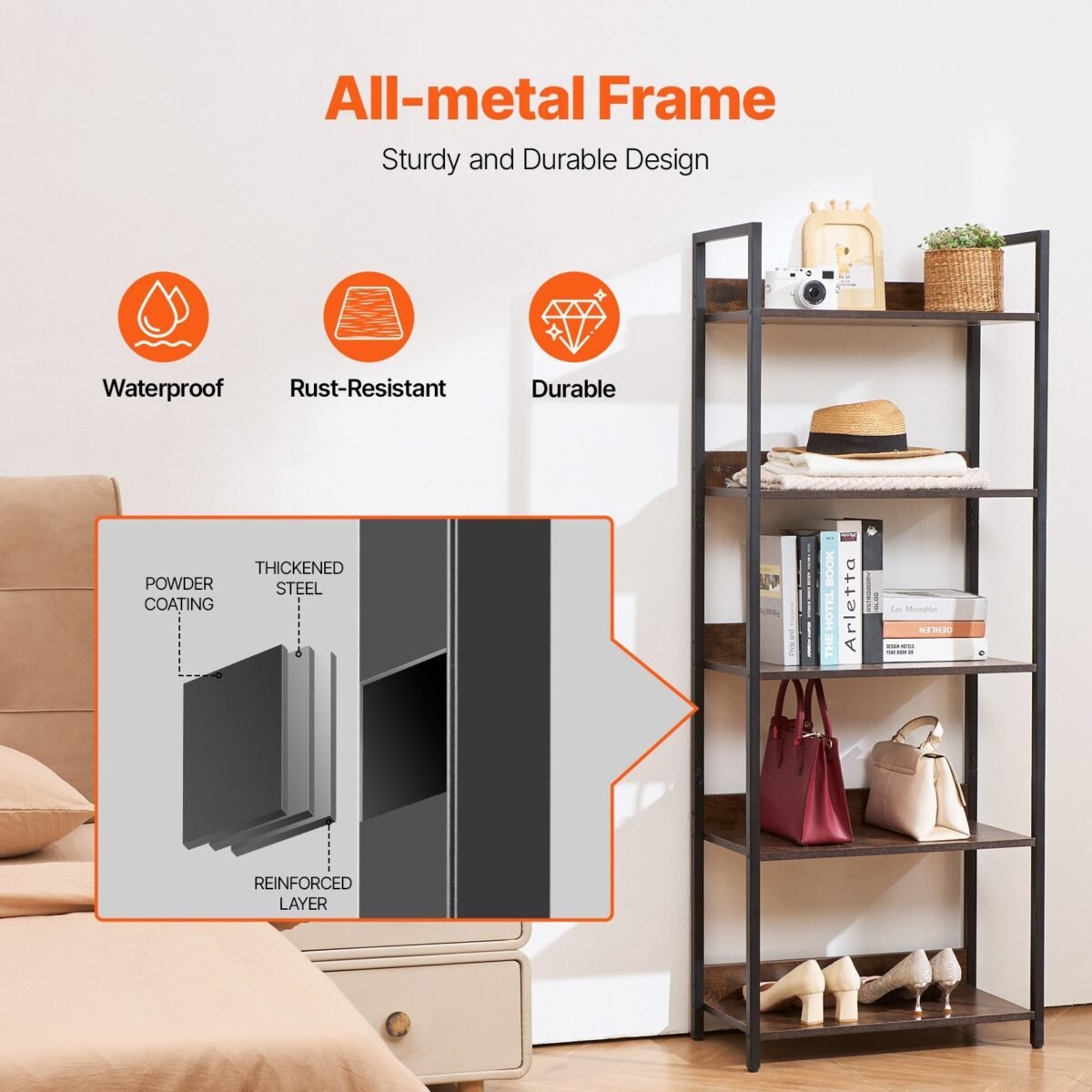 VEVOR C240729W-03 Metal Bookshelf Open Bookshelf 5-Tier - Image 10