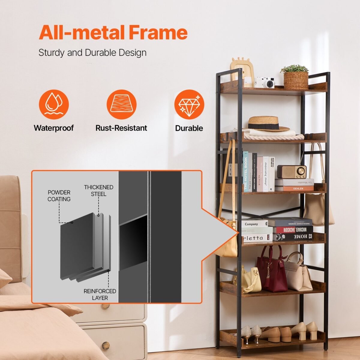 VEVOR YJX-BS003 Metal Bookshelf Rustic Bookshelf 6-Tier - Image 10