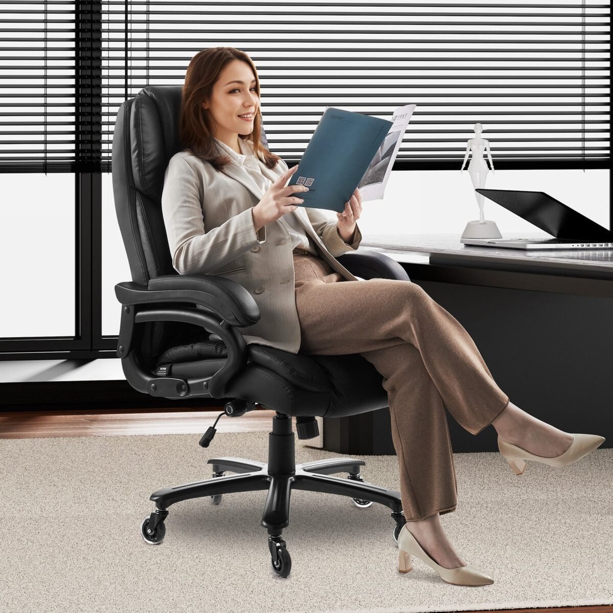 VEVOR HC-2851 Executive Office Chair, 500lbs Capacity with Adjustable Lumbar Support, High Back PU Leather Office Chair Ergonomic for Back Pain, Black - Image 6