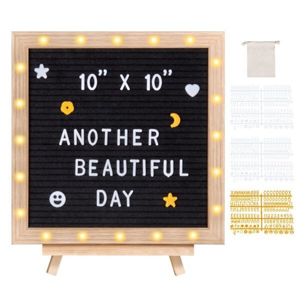 VEVOR zoe-B0018B Black Felt Letter Board, 10"x10" Felt Message Board, Changeable Sign Boards with 510 Letters, Stand, and Built-in LED Lights, Baby Announcement Sign for Home Classroom Office Decor Wedding
