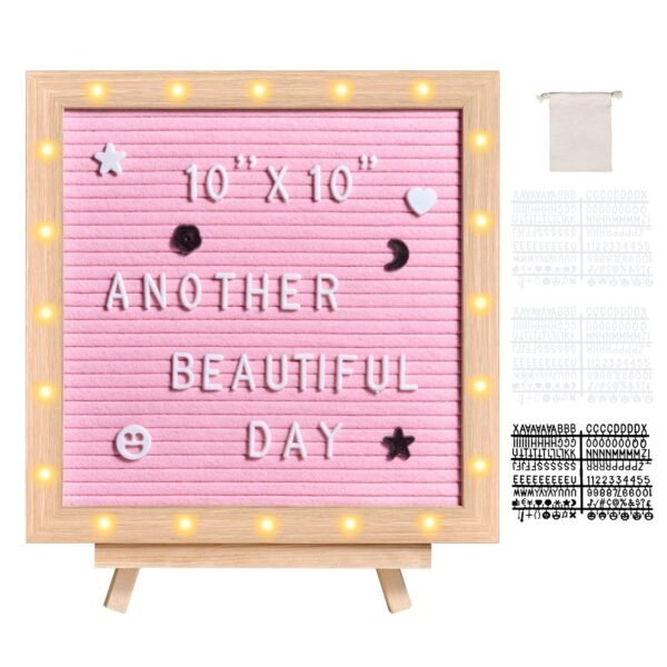 VEVOR zoe-B0018P Pink Felt Letter Board, 10"x10" Felt Message Board, Changeable Sign Boards with 510 Letters, Stand, and Built-in LED Lights, Baby Announcement Sign for Home Classroom Office Decor Wedding