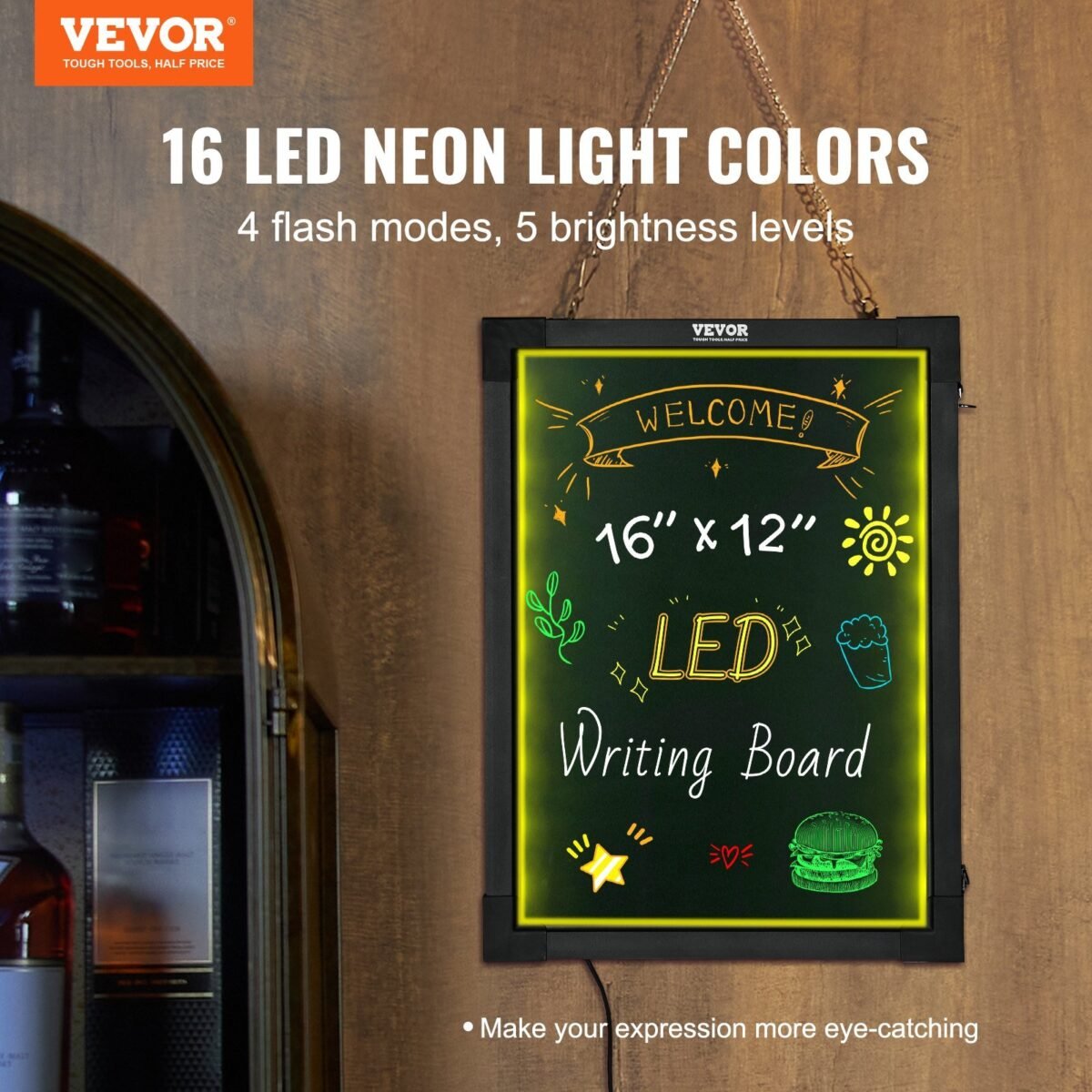 VEVOR A34 Wall-mounted 3040 LED Message Writing Board, 16"x12" Illuminated Erasable Lighted Chalkboard, Neon Effect Menu Sign Board, Drawing Board with 8 Fluorescent Chalk Markers and Remote Control, for Home Wedding Shop - Image 12
