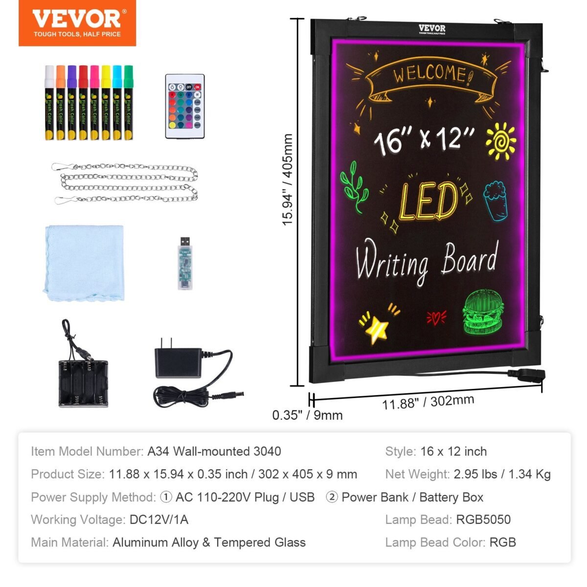 VEVOR A34 Wall-mounted 3040 LED Message Writing Board, 16"x12" Illuminated Erasable Lighted Chalkboard, Neon Effect Menu Sign Board, Drawing Board with 8 Fluorescent Chalk Markers and Remote Control, for Home Wedding Shop - Image 7
