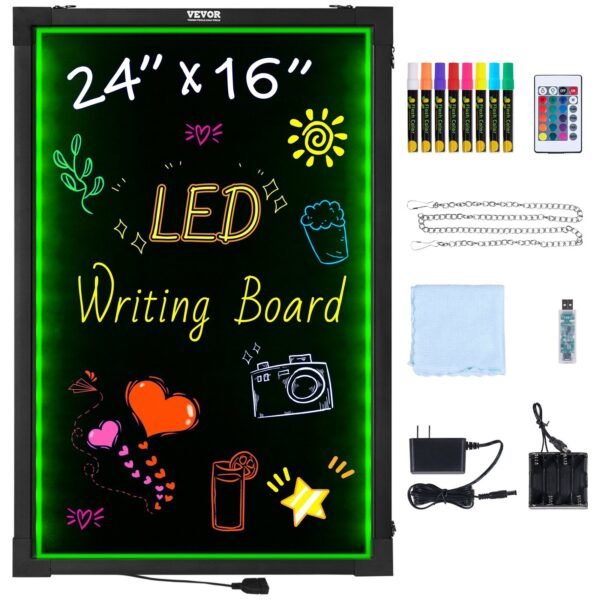VEVOR A46 Wall-mounted 4060 LED Message Writing Board, 24"x16" Illuminated Erasable Lighted Chalkboard, Neon Effect Menu Sign Board, Drawing Board with 8 Fluorescent Chalk Markers and Remote Tested to UL Standards