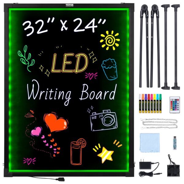 VEVOR A68 LED Message Writing Board, 32"x24" Illuminated Erasable Lighted Chalkboard, Neon Effect Menu Sign Board, Drawing Board with 8 Fluorescent Chalk Markers and Remote Contro Tested to Standards