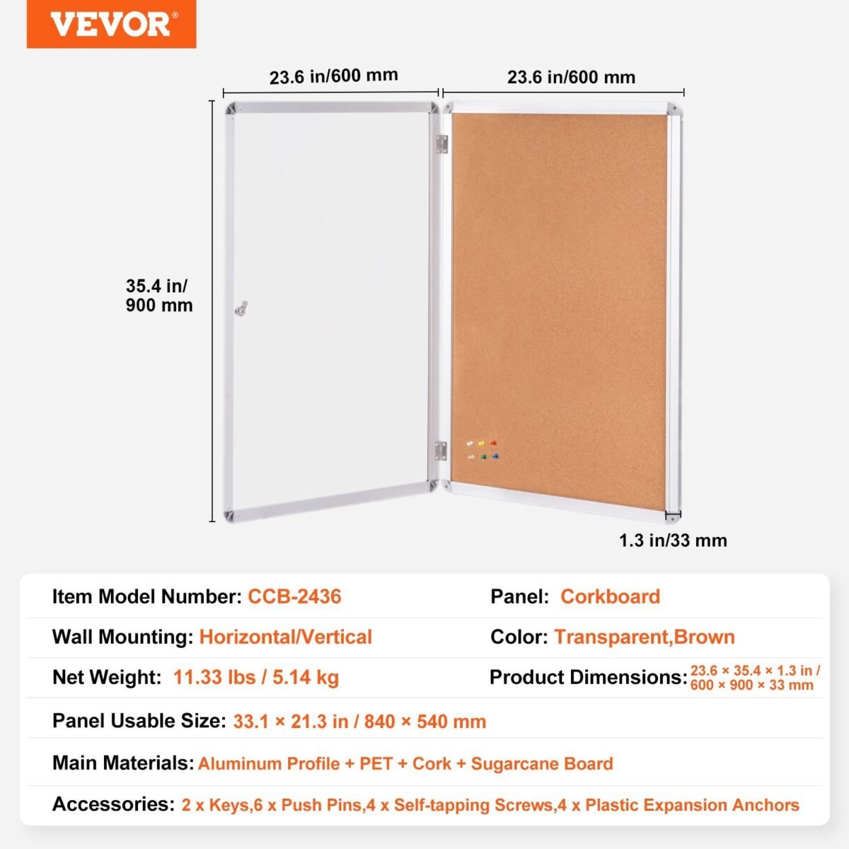 VEVOR CCB-2436 36"x24" Enclosed Cork Board with Aluminum Frame – Lockable Bulletin Board with Acrylic Door & 2 Keys – Weather-Resistant Wall Display Case for School, Home, Office - Image 7