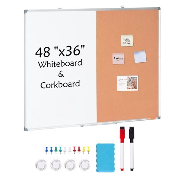 VEVOR A01-4836CW 48"x 36" Whiteboard & Cork Board Combo with Aluminum Frame – 2-in-1 Magnetic Dry Erase Bulletin Board for Wall Mount – Ideal for School, Home, Office