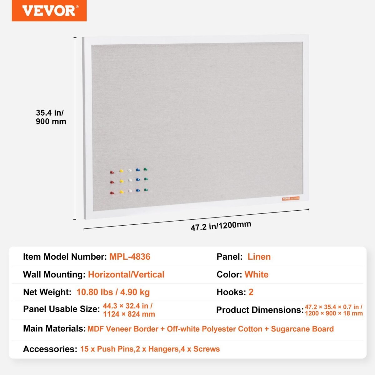 VEVOR MPL-4836 48"x36" White Cork Board with Linen Surface Wall-Mounted Bulletin Board - Image 7