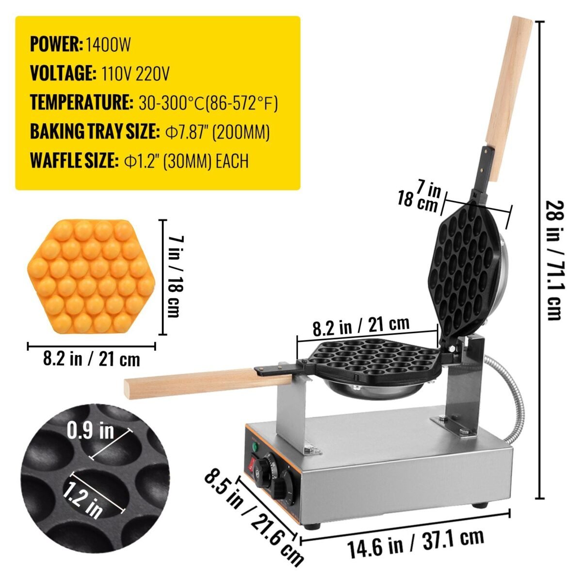 VEVOR Commercial Bubble Waffle Maker, 1400W Egg Bubble Puff - Image 5