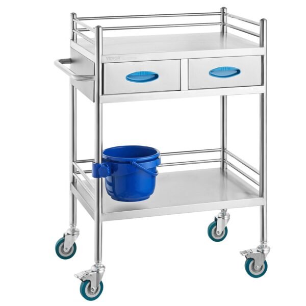VEVOR K-ST529 Lab Serving Cart, 2 Layers Stainless Steel Utility Rolling Cart, Medical Cart with Two Drawers, Dental Utility Cart with Lockable Wheels and A Bucket, for Laboratory, Hospital, Dental Use