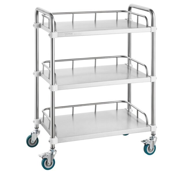VEVOR K-ST756 Lab Rolling Cart, 3-Shelf Stainless Steel Rolling Cart, Lab Serving Cart with Swivel Casters, Dental Utility Cart for Clinic, Lab, Hospital, Salon, 26.38"x15.55"x34.13"