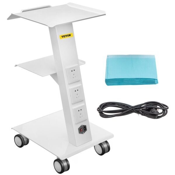 VEVOR T3 Lab Trolley, Built-in Socket Rolling Lab Cart, 3 Layers Tray Rolling Clinic Cart, 360° Silent Rolling Wheels w/ Foot Brake, 88 lbs Weight Capacity Sturdy Steel Frame, for Lab Clinic Beauty Salon