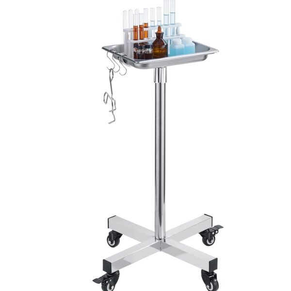 VEVOR 141001 Mayo Stand, Stainless Steel Mayo Tray, Load Capacity up to 36 lbs, Adjustable Height 31.9"-55", Medical Tray on Wheels with Removable Tray for Spa, Salon, Clinic, Personal Care
