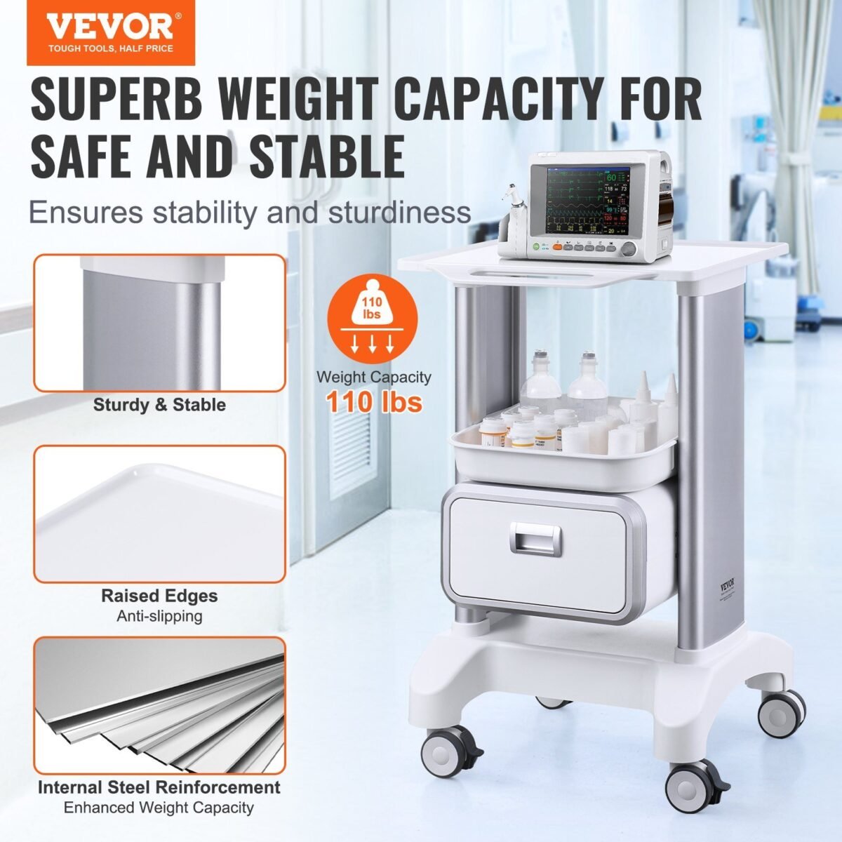 VEVOR Y-1T1C 2 Tiers Lab Carts Mobile Medical Cart with 1 Drawer & 1 Top Tray White, Trolley Storage Cart with ABS Material, Lab Rolling Cart with 4 Silent Wheels for Lab, Clinic, Hospital, Salon, Office - Image 12