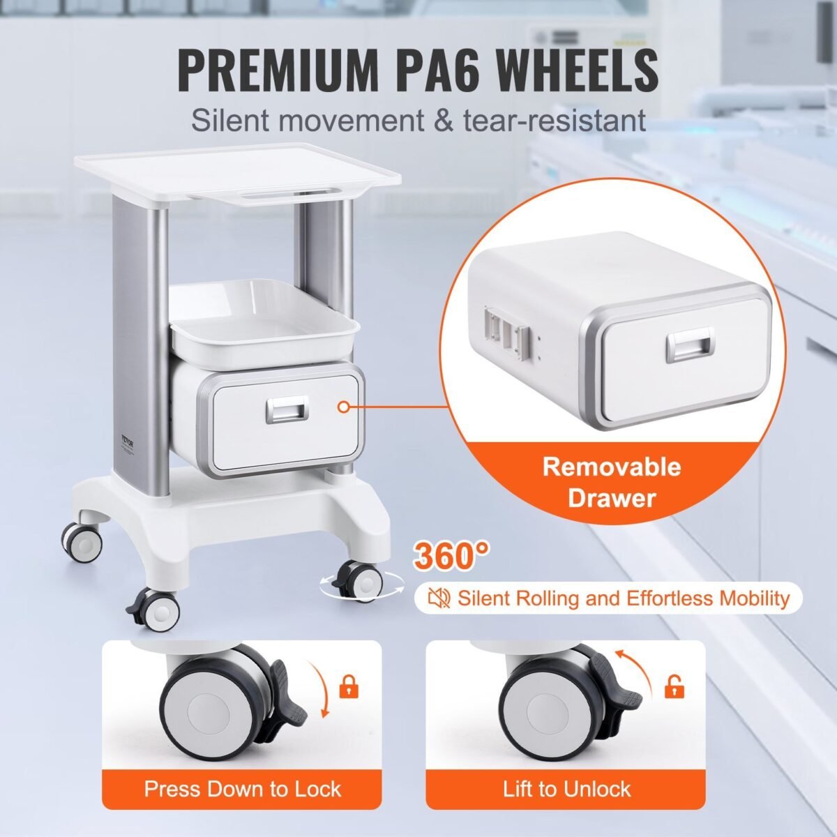 VEVOR Y-1T1C 2 Tiers Lab Carts Mobile Medical Cart with 1 Drawer & 1 Top Tray White, Trolley Storage Cart with ABS Material, Lab Rolling Cart with 4 Silent Wheels for Lab, Clinic, Hospital, Salon, Office - Image 10