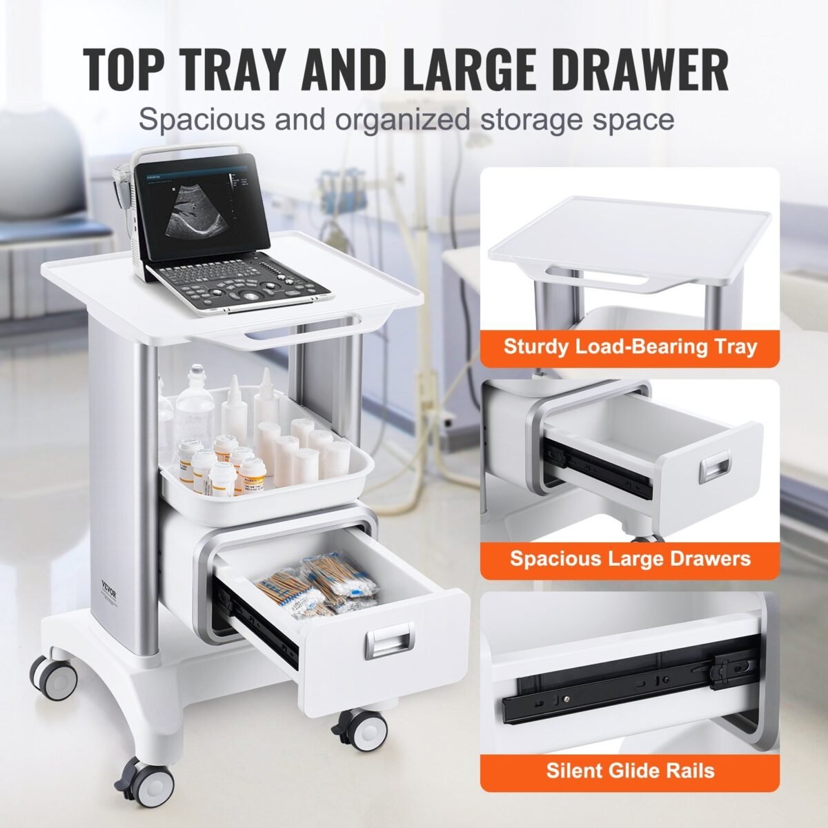 VEVOR Y-1T1C 2 Tiers Lab Carts Mobile Medical Cart with 1 Drawer & 1 Top Tray White, Trolley Storage Cart with ABS Material, Lab Rolling Cart with 4 Silent Wheels for Lab, Clinic, Hospital, Salon, Office - Image 9