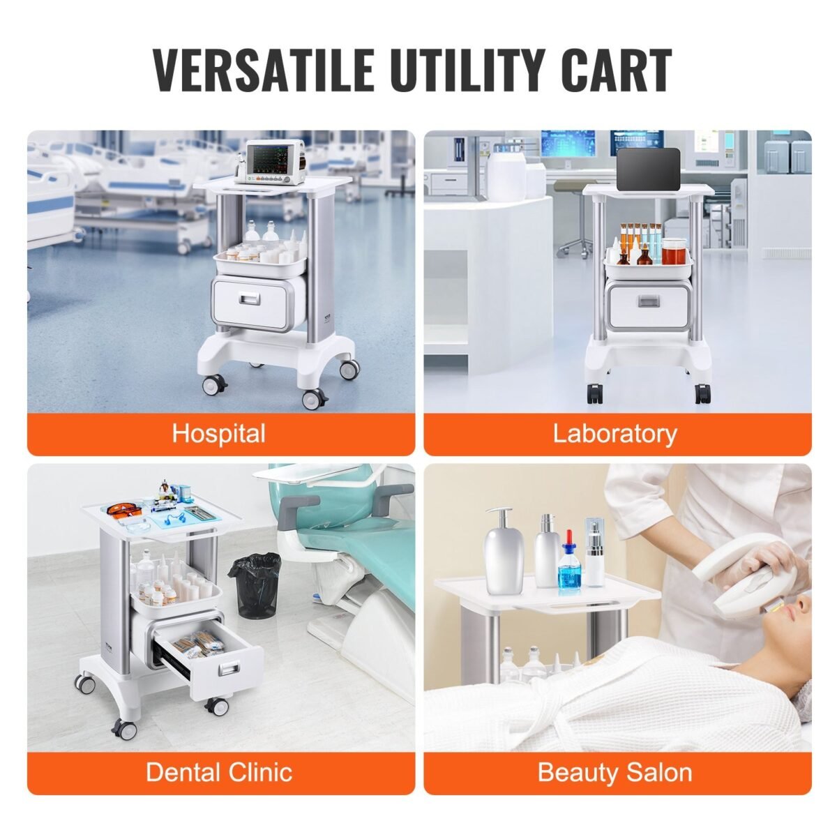VEVOR Y-1T1C 2 Tiers Lab Carts Mobile Medical Cart with 1 Drawer & 1 Top Tray White, Trolley Storage Cart with ABS Material, Lab Rolling Cart with 4 Silent Wheels for Lab, Clinic, Hospital, Salon, Office - Image 8