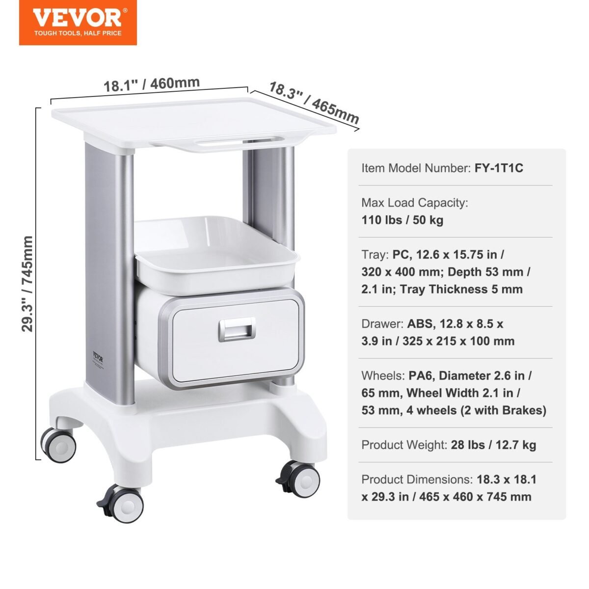 VEVOR Y-1T1C 2 Tiers Lab Carts Mobile Medical Cart with 1 Drawer & 1 Top Tray White, Trolley Storage Cart with ABS Material, Lab Rolling Cart with 4 Silent Wheels for Lab, Clinic, Hospital, Salon, Office - Image 7