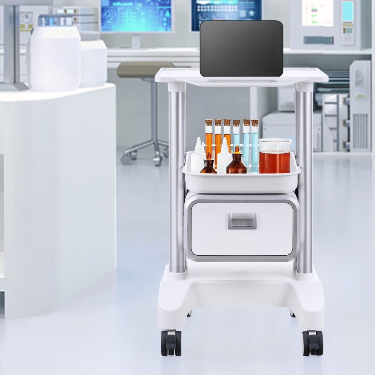VEVOR Y-1T1C 2 Tiers Lab Carts Mobile Medical Cart with 1 Drawer & 1 Top Tray White, Trolley Storage Cart with ABS Material, Lab Rolling Cart with 4 Silent Wheels for Lab, Clinic, Hospital, Salon, Office - Image 6