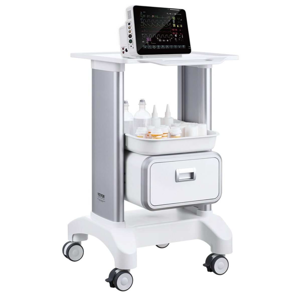 VEVOR Y-1T1C 2 Tiers Lab Carts Mobile Medical Cart with 1 Drawer & 1 Top Tray White, Trolley Storage Cart with ABS Material, Lab Rolling Cart with 4 Silent Wheels for Lab, Clinic, Hospital, Salon, Office - Image 1