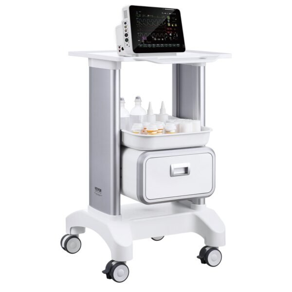 VEVOR Y-1T1C 2 Tiers Lab Carts Mobile Medical Cart with 1 Drawer & 1 Top Tray White, Trolley Storage Cart with ABS Material, Lab Rolling Cart with 4 Silent Wheels for Lab, Clinic, Hospital, Salon, Office