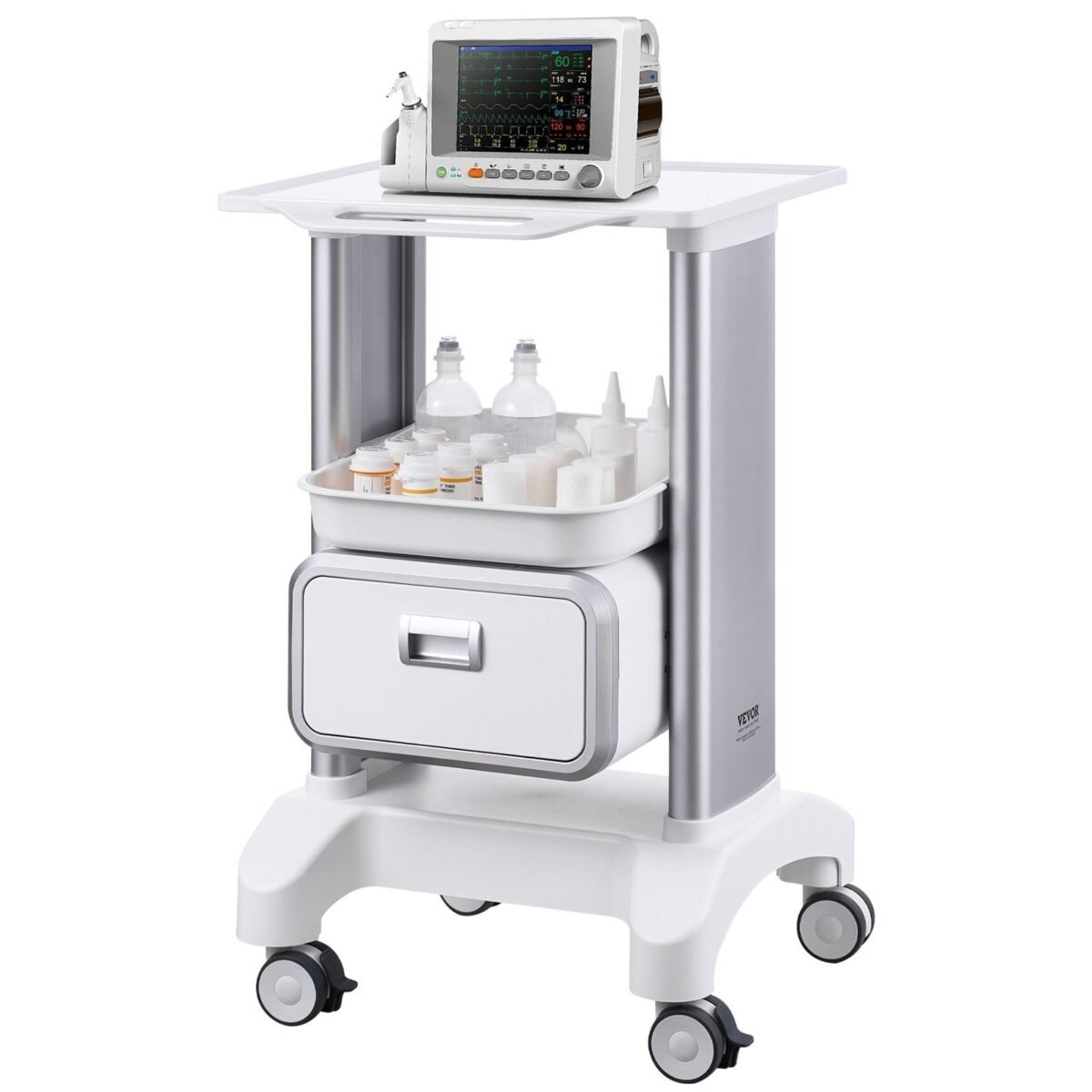 VEVOR Y-1T1C 2 Tiers Lab Carts Mobile Medical Cart with 1 Drawer & 1 Top Tray White, Trolley Storage Cart with ABS Material, Lab Rolling Cart with 4 Silent Wheels for Lab, Clinic, Hospital, Salon, Office - Image 4