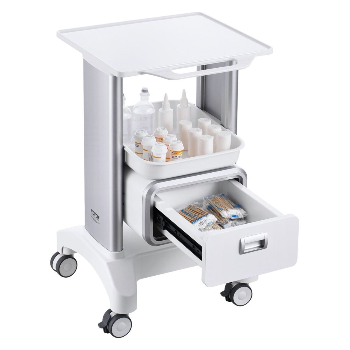 VEVOR Y-1T1C 2 Tiers Lab Carts Mobile Medical Cart with 1 Drawer & 1 Top Tray White, Trolley Storage Cart with ABS Material, Lab Rolling Cart with 4 Silent Wheels for Lab, Clinic, Hospital, Salon, Office - Image 3