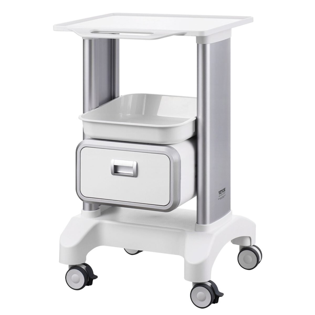 VEVOR Y-1T1C 2 Tiers Lab Carts Mobile Medical Cart with 1 Drawer & 1 Top Tray White, Trolley Storage Cart with ABS Material, Lab Rolling Cart with 4 Silent Wheels for Lab, Clinic, Hospital, Salon, Office - Image 2