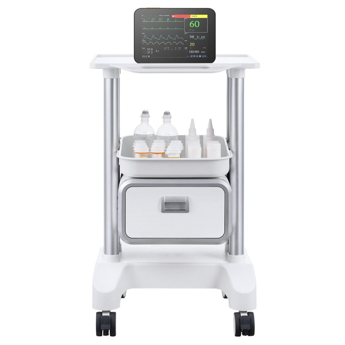 VEVOR Y-1T1C 2 Tiers Lab Carts Mobile Medical Cart with 1 Drawer & 1 Top Tray White, Trolley Storage Cart with ABS Material, Lab Rolling Cart with 4 Silent Wheels for Lab, Clinic, Hospital, Salon, Office - Image 5
