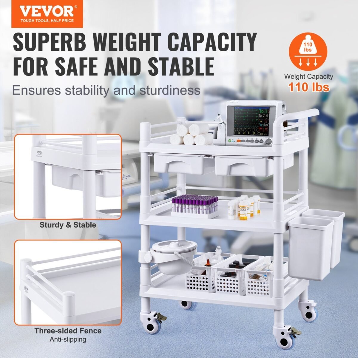 VEVOR K-UT104A1 3 Tiers Lab Carts Mobile Medical Cart with 3 Trays & 3 Trash Cans White, Trolley Storage Cart with PP Material, Lab Rolling Cart with 4 Silent Wheels for Lab, Clinic, Hospital, Salon, Office - Image 12