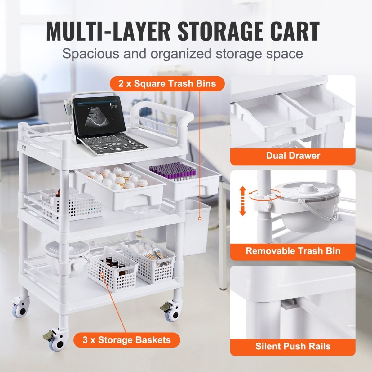 VEVOR K-UT104A1 3 Tiers Lab Carts Mobile Medical Cart with 3 Trays & 3 Trash Cans White, Trolley Storage Cart with PP Material, Lab Rolling Cart with 4 Silent Wheels for Lab, Clinic, Hospital, Salon, Office - Image 9