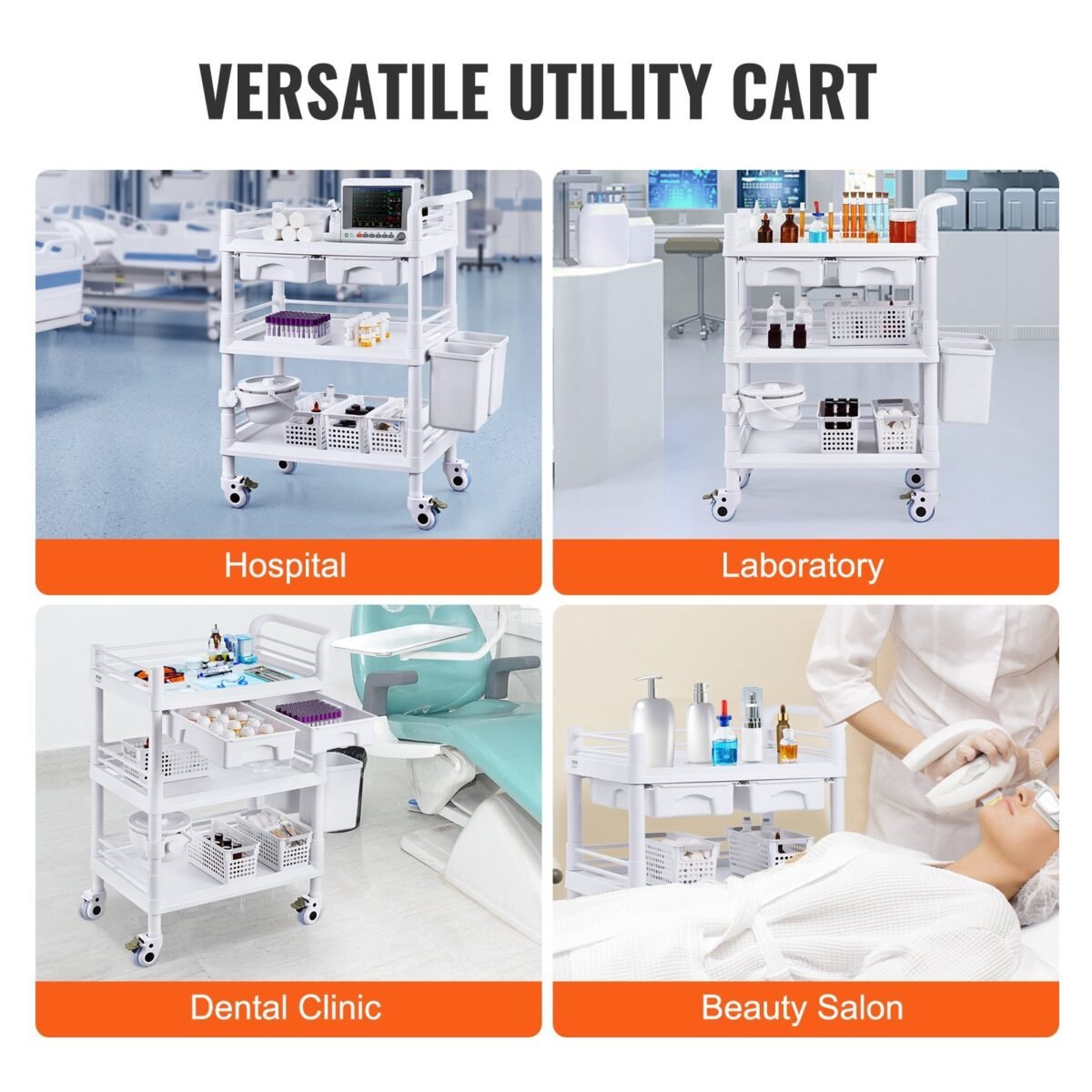 VEVOR K-UT104A1 3 Tiers Lab Carts Mobile Medical Cart with 3 Trays & 3 Trash Cans White, Trolley Storage Cart with PP Material, Lab Rolling Cart with 4 Silent Wheels for Lab, Clinic, Hospital, Salon, Office - Image 8