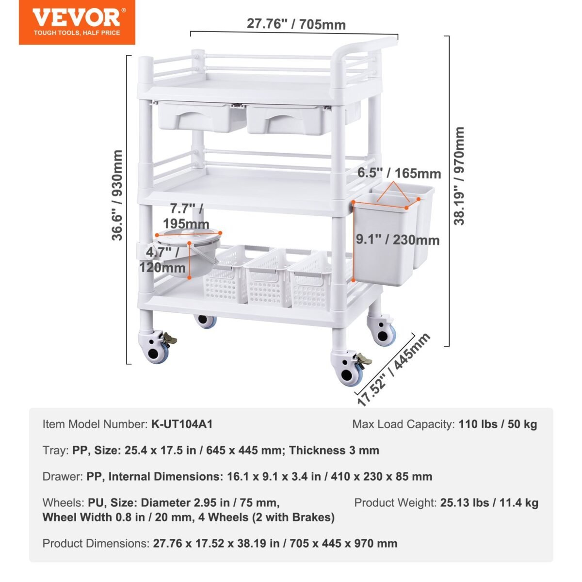VEVOR K-UT104A1 3 Tiers Lab Carts Mobile Medical Cart with 3 Trays & 3 Trash Cans White, Trolley Storage Cart with PP Material, Lab Rolling Cart with 4 Silent Wheels for Lab, Clinic, Hospital, Salon, Office - Image 7