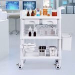 VEVOR K-UT104A1 3 Tiers Lab Carts Mobile Medical Cart with 3 Trays & 3 Trash Cans White, Trolley Storage Cart with PP Material, Lab Rolling Cart with 4 Silent Wheels for Lab, Clinic, Hospital, Salon, Office - Image 6