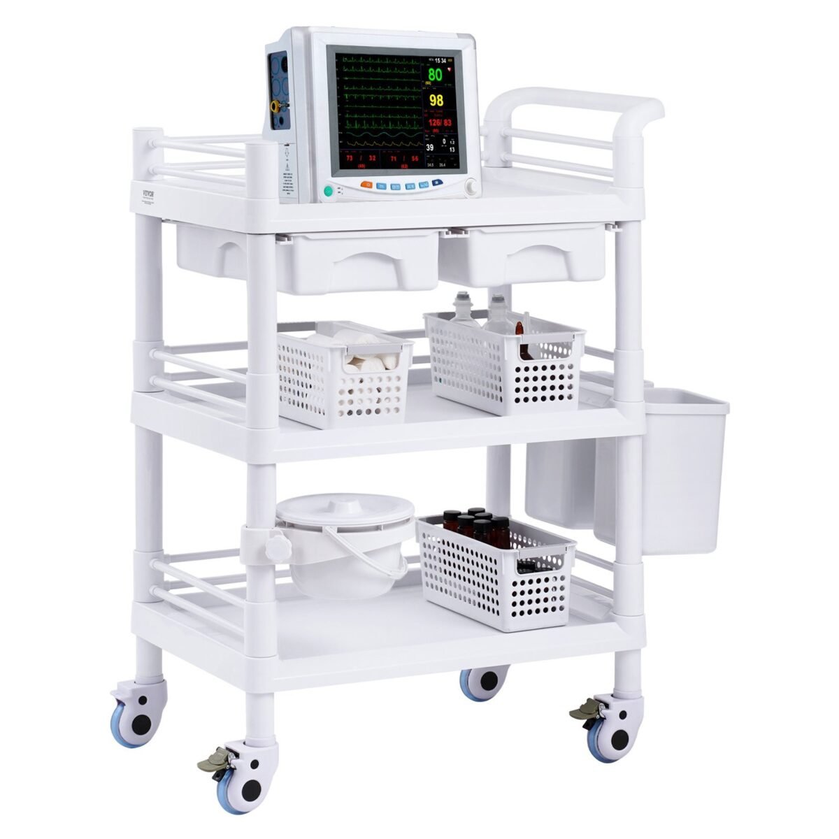 VEVOR K-UT104A1 3 Tiers Lab Carts Mobile Medical Cart with 3 Trays & 3 Trash Cans White, Trolley Storage Cart with PP Material, Lab Rolling Cart with 4 Silent Wheels for Lab, Clinic, Hospital, Salon, Office - Image 1