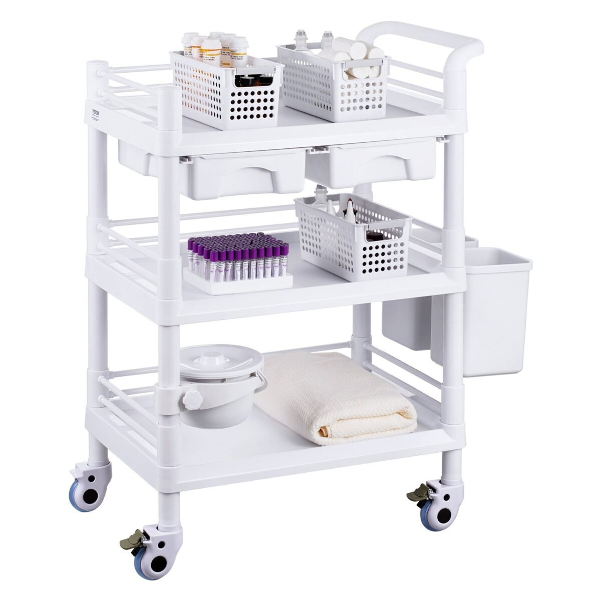 VEVOR K-UT104A1 3 Tiers Lab Carts Mobile Medical Cart with 3 Trays & 3 Trash Cans White, Trolley Storage Cart with PP Material, Lab Rolling Cart with 4 Silent Wheels for Lab, Clinic, Hospital, Salon, Office - Image 4