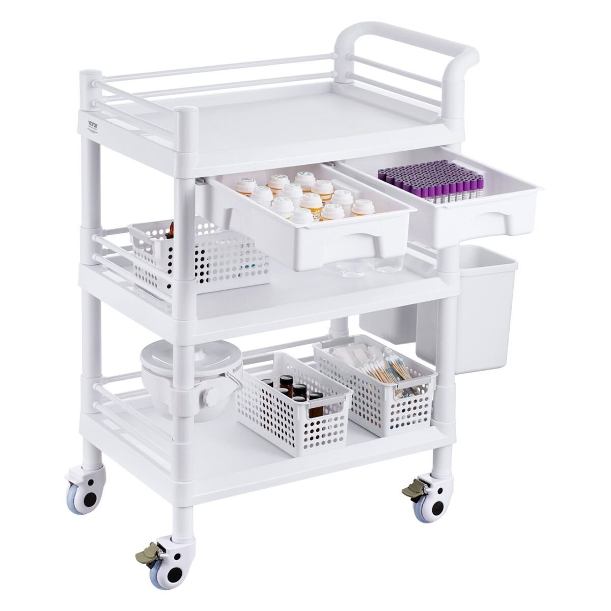 VEVOR K-UT104A1 3 Tiers Lab Carts Mobile Medical Cart with 3 Trays & 3 Trash Cans White, Trolley Storage Cart with PP Material, Lab Rolling Cart with 4 Silent Wheels for Lab, Clinic, Hospital, Salon, Office - Image 3