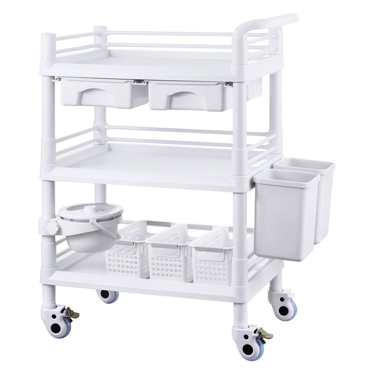 VEVOR K-UT104A1 3 Tiers Lab Carts Mobile Medical Cart with 3 Trays & 3 Trash Cans White, Trolley Storage Cart with PP Material, Lab Rolling Cart with 4 Silent Wheels for Lab, Clinic, Hospital, Salon, Office - Image 2