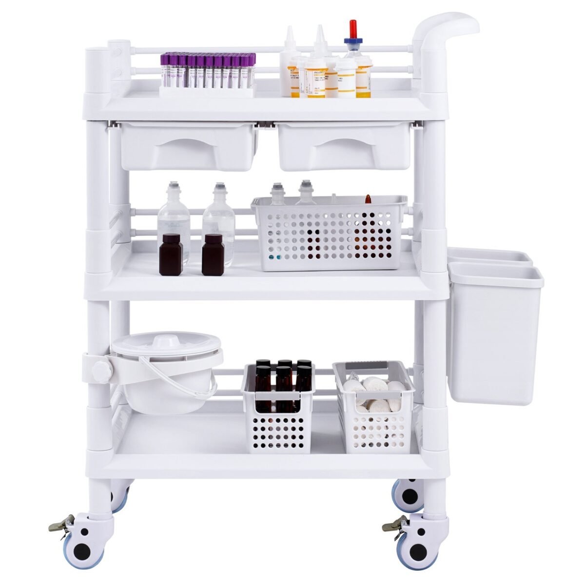 VEVOR K-UT104A1 3 Tiers Lab Carts Mobile Medical Cart with 3 Trays & 3 Trash Cans White, Trolley Storage Cart with PP Material, Lab Rolling Cart with 4 Silent Wheels for Lab, Clinic, Hospital, Salon, Office - Image 5