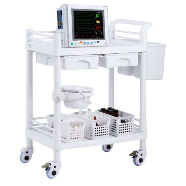 VEVOR K-UT103A1 2 Tiers Lab Carts Mobile Medical Cart 2 Trays 2 Drawers 3 Trash Cans White, Trolley Storage Cart with PP Material, Lab Rolling Cart with 4 Silent Wheels for Lab, Clinic, Hospital, Salon, Office