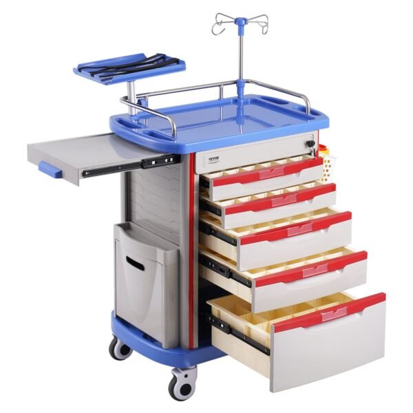VEVOR K-ET750A 5 Tiers Lab Carts Mobile Medical Cart with 5 Drawers & 2 Trash Cans Blue, Trolley Storage Cart with PP Material, Lab Rolling Cart with 4 Silent Wheels for Lab, Clinic, Hospital, Salon, Office, Bule