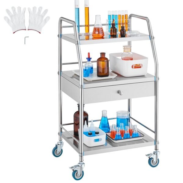 VEVOR K-SUS1002 Lab Rolling Cart Dental Lab Serving Cart 3 Tiers Drawer Stainless Steel