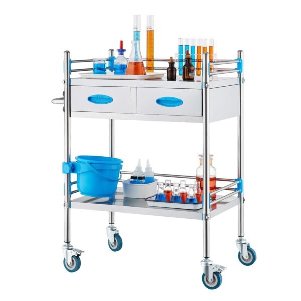 VEVOR K-ST529 Medical Dental Lab Serving Cart Trolley 2 Tiers Portable Stainless Steel