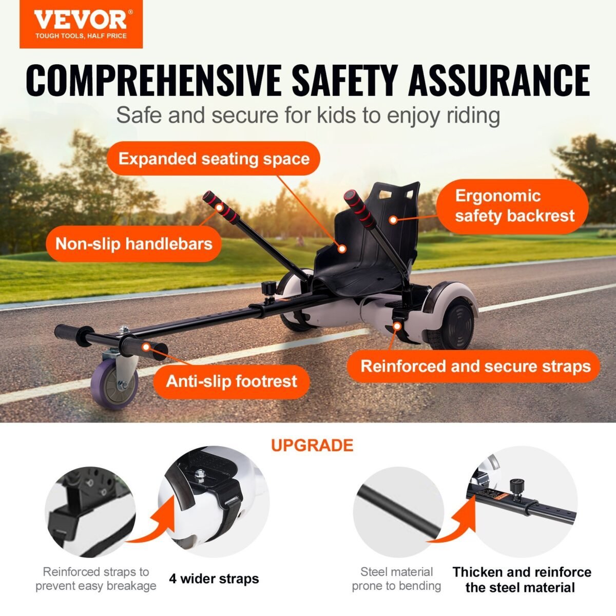 VEVOR BH-001 Hoverboard Seat Attachment, Compatible with All 6.5" 8" 8.5" 10" Hoverboards, Grips Control, Adjustable Frame Length and 220 LBS Load Capacity, Hover Board Go Karts Accessory, for Kids Adults - Image 11