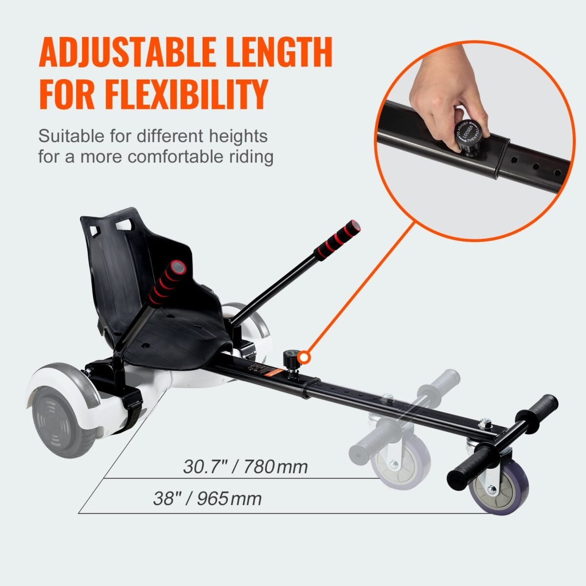 VEVOR BH-001 Hoverboard Seat Attachment, Compatible with All 6.5" 8" 8.5" 10" Hoverboards, Grips Control, Adjustable Frame Length and 220 LBS Load Capacity, Hover Board Go Karts Accessory, for Kids Adults - Image 10
